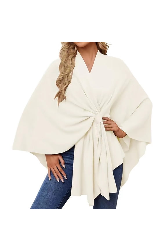 Women's Loose V-Neck Shawl Poncho, Open Front Knit Cape for Spring Fall Winter, Soft Double Layer Wrap Cardigan, Versatile Dressy Casual Cover Up for Women, Three-Season Elegant Outerwear - White