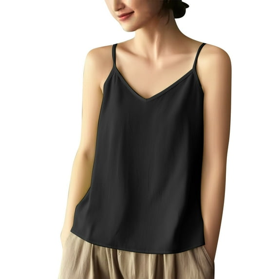 Women's Loose V-Neck Sleeveless Tank Top - Lightweight Cotton Linen Halter Sun Top, Breathable Solid Color Vest for Summer Casual & Beach Wear