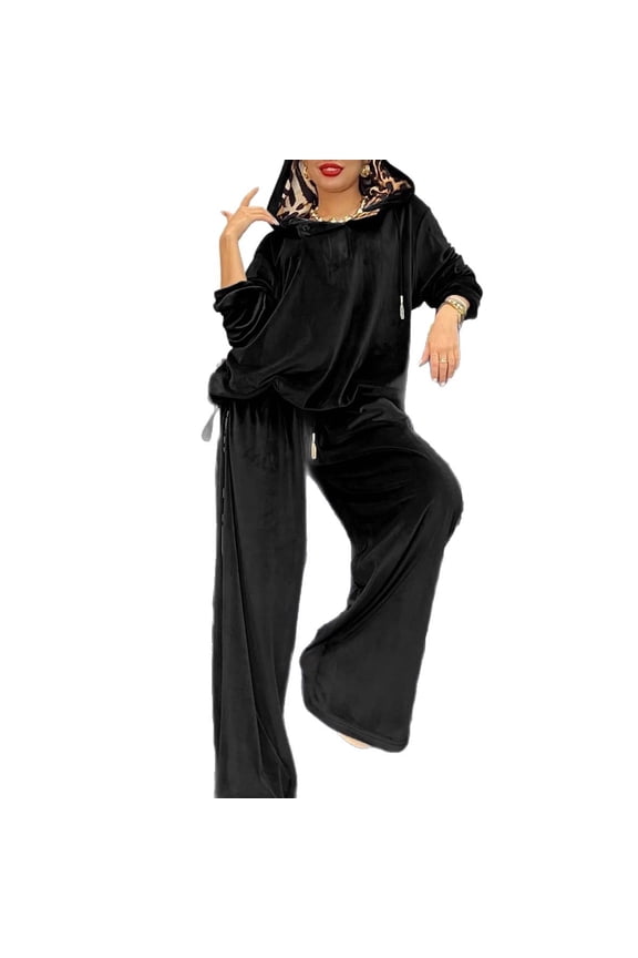 Women's Loose Velour Hoodie & Wide Leg Pants 2 Piece Set Leopard Print Lining Soft Stretchy Tracksuit Fall Winter Loungewear with Side Pockets for Casual Daily Jogging and Travel