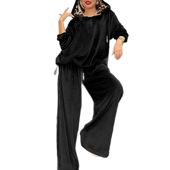 Women's Loose Velour Hoodie & Wide Leg Pants 2 Piece Set Leopard Print Lining Soft Stretchy Tracksuit Fall Winter Loungewear with Side Pockets for Casual Daily Jogging and Travel