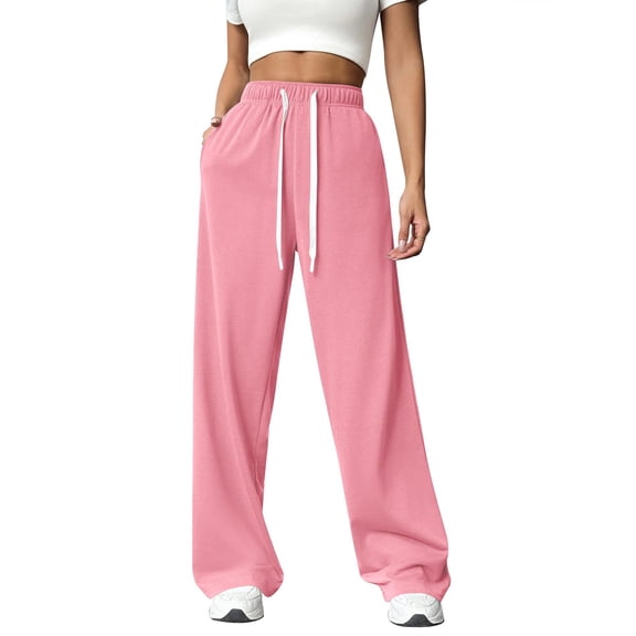 Women's Loose Waist Straight Wide-Leg Sport Trousers Casual Drawstring Workout Sweatpants Stretch Lounge Pants