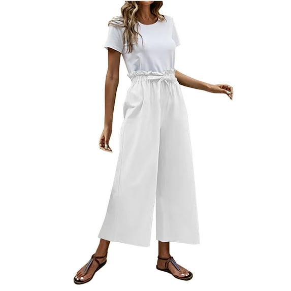 Women's Loose Wide Leg Capris Lounge Cotton Linen Pants Ruffle Tie Elastic High Waisted Comfortable Beach Pants