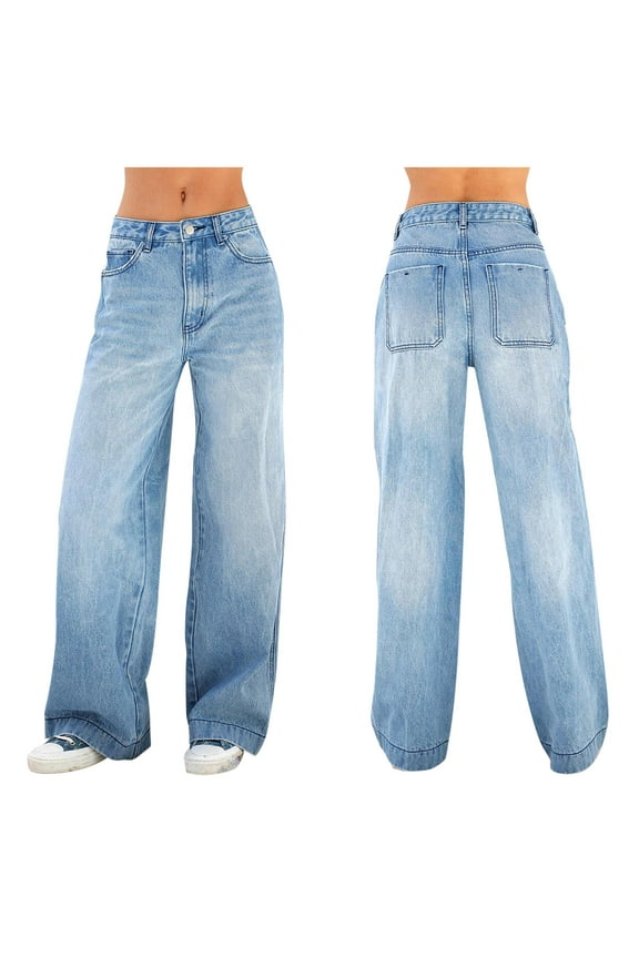 Women's Loose Wide - Leg Denim Pants - Button - Decorated, Comfortable, for Casual & All Seasons - Asian Sizes
