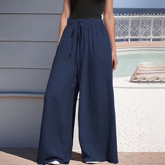 Women's Loose Wide Leg Drawstring Fashionable Casual Long Pants, Elastic Waist Lounge Pants for Women, Bohemian Style Trousers, Comfort Fit,Navy,S