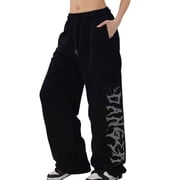 Women's Loose Wide Leg Gothic Pants, Dark Aesthetic Letter Print Joggers, Elastic Drawstring Waist Y2K Streetwear Trousers