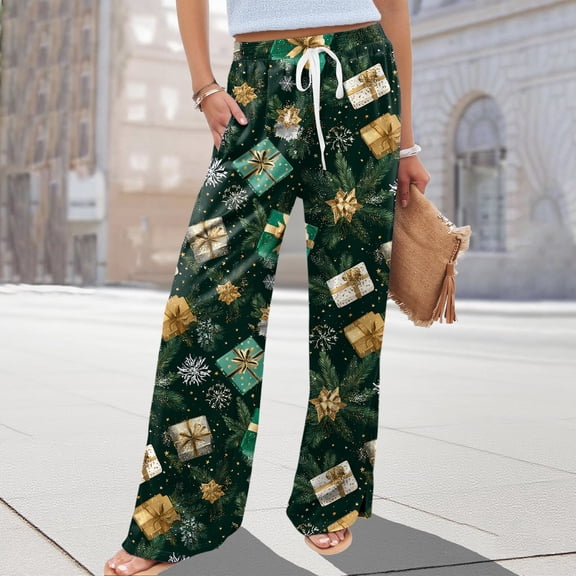 Women's Loose Wide Leg Pants, Christmas Print Elastic Waist Drawstring, Casual Pocket Trousers, Holiday Sleep Pants, Soft and Warm for Christmas,Dark Green,S
