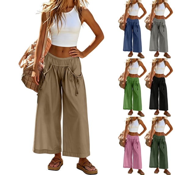 Women's Loose Wide Leg Track Pants Drawstring Pockets Elastic Waist Capri Casual Summer Hiking Pants Navy S