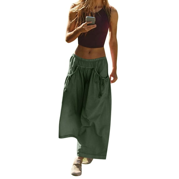 Women's Loose Wide Leg Track Pants Drawstring Pockets Elastic Waist Capri Hiking Pants with Big Ruched Pockets
