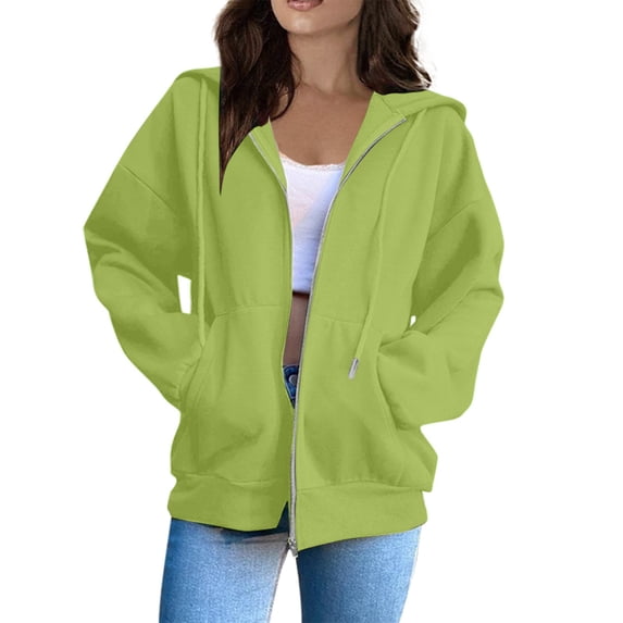 Women's Loose Zip Up Hoodie, Fashion Solid Color Hooded Sweatshirt, Comfortable Long Sleeve Jacket for Fall and Winter