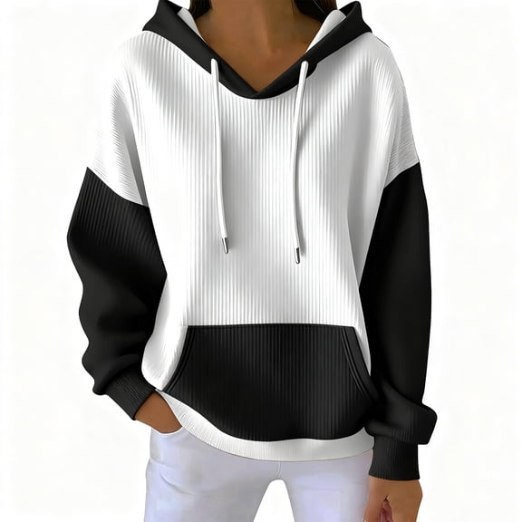 Women's Loose and Comfortable Drawstring V-Neck Long Sleeve Color Blocking Hoodie for Sporty and Casual Outfits,Black,L