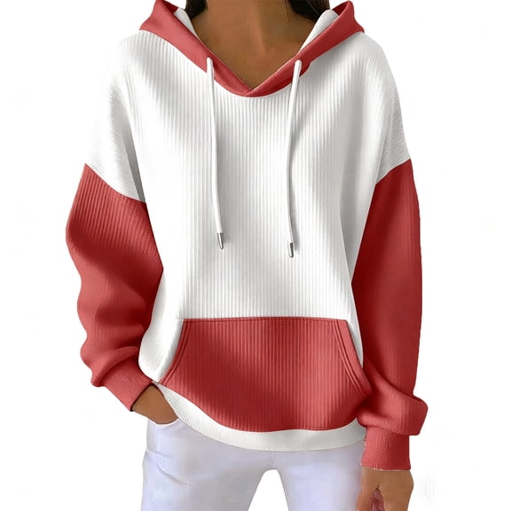 Women's Loose and Comfortable Drawstring V-Neck Long Sleeve Color Blocking Hoodie for Sporty and Casual Outfits,Wine,S