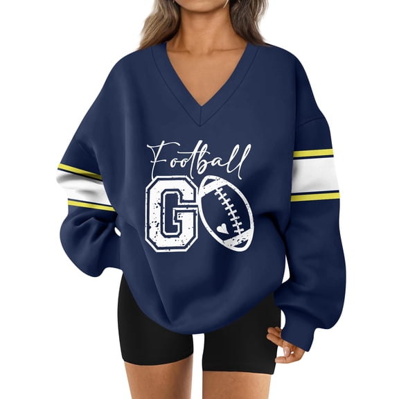 Women's Loose and Comfortable Letter V-Neck Sportswear Long Sleeve Sweatshirt with Football Print for Sporty Style,Navy,2XL