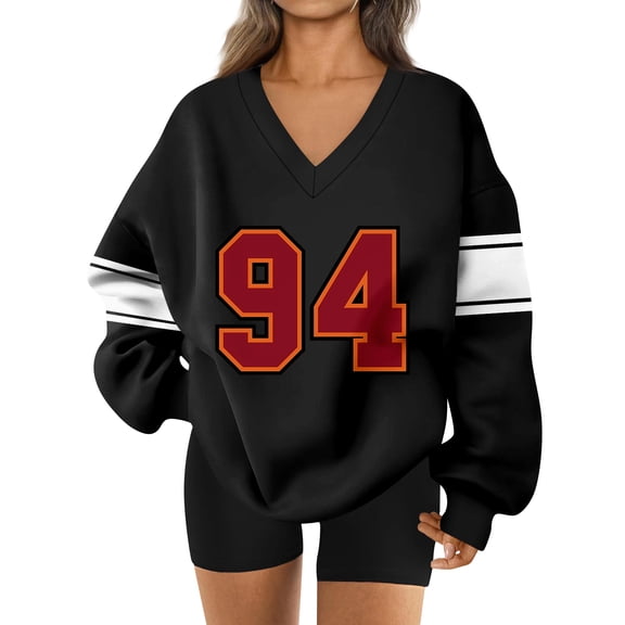 Women's Loose and Comfortable Letter V-Neck Sportswear Long Sleeve Sweatshirt with Number Print for Casual Wear,Red,S