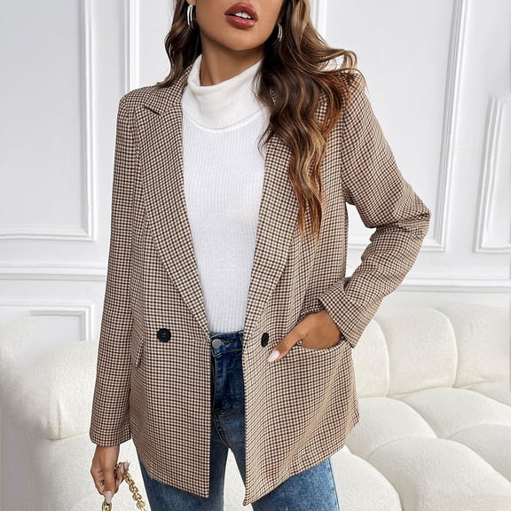 Women's Loose-fitting Casual Houndstooth Collar Long-sleeved Wool Coat with Pockets Khaki XL