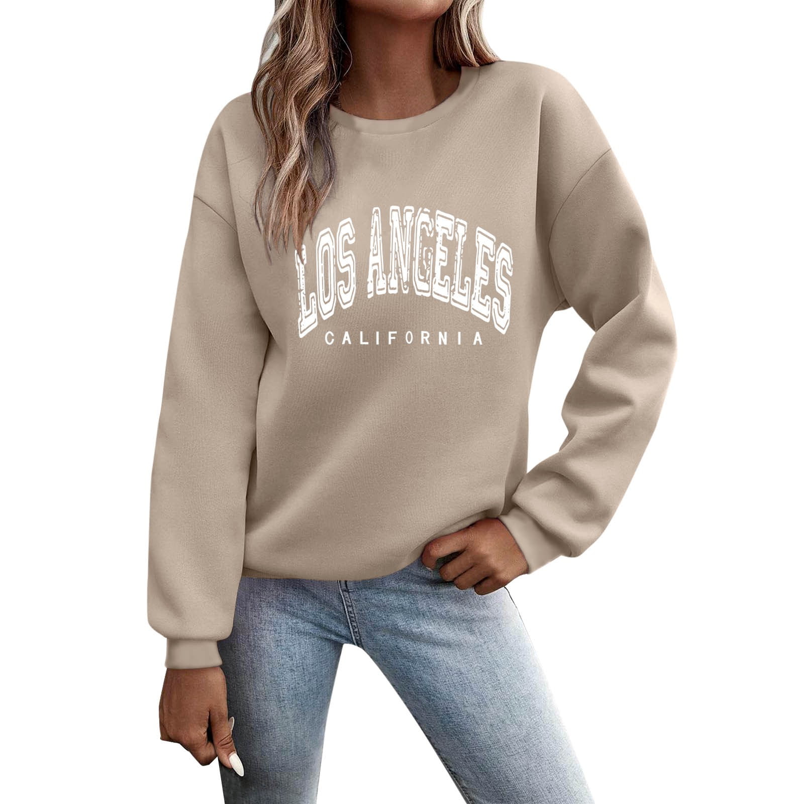 Women s Los Angeles Letter Print Cool Sweatshirts Casual Crew Neck Crewneck College Sweatshirts California Graphic Hoodies Personalized Vintage Clothes Fall Cartoon Lightweight Comfort Womens Y2K Walm...