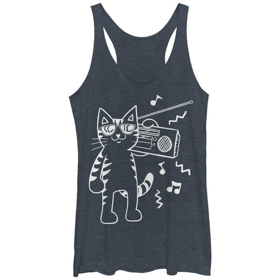 Women's Lost Gods Boombox Cat Cartoon  Racerback Tank Top Navy Blue Heather Medium