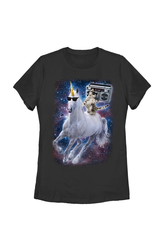 Women's Lost Gods Boombox Cat and Unicorn Space Song Graphic Tee Black Small