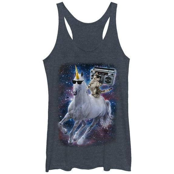 Women's Lost Gods Boombox Cat and Unicorn Space Song Racerback Tank Top Navy Blue Heather Large