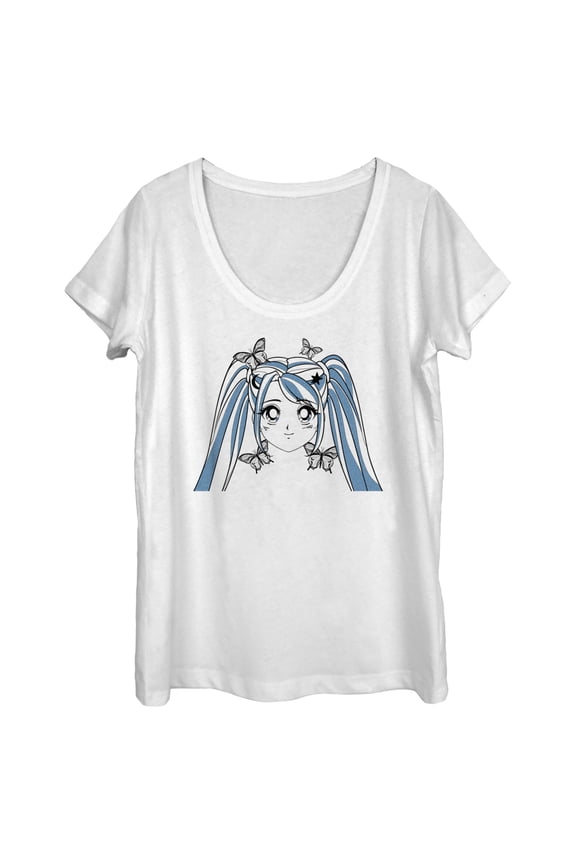 Women's Lost Gods Butterfly Anime Face  Scoop Neck White Medium
