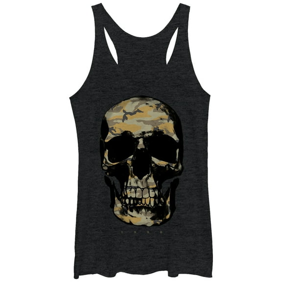 Women's Lost Gods Camouflage Print Skull  Racerback Tank Top Black Heather Large