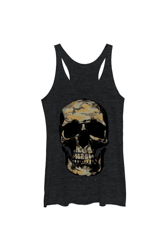 Women's Lost Gods Camouflage Print Skull  Racerback Tank Top Black Heather X Large