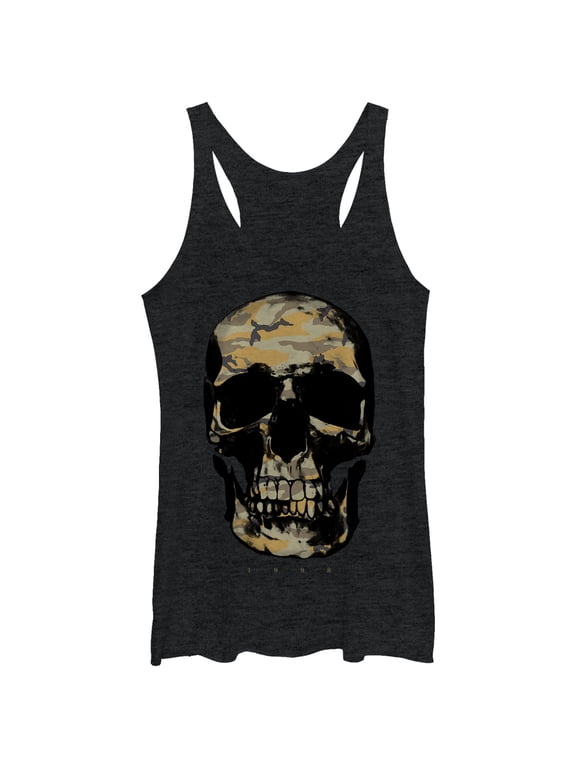 Women's Lost Gods Camouflage Print Skull Racerback Tank Top Black Heather X Large