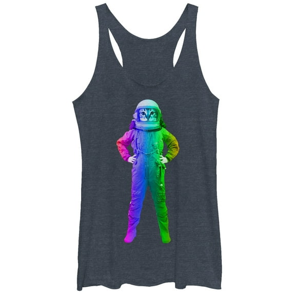 Women's Lost Gods Cat Astronaut Rainbow Racerback Tank Top Navy Blue Heather X Large