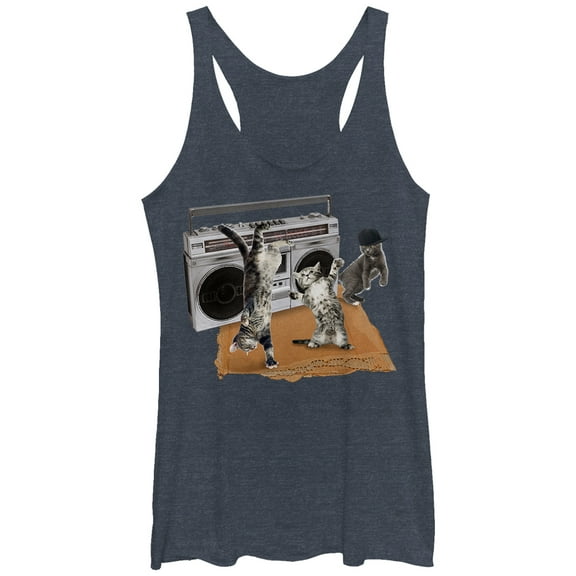 Women's Lost Gods Cat Breakdancing Boombox  Racerback Tank Top Navy Blue Heather Small