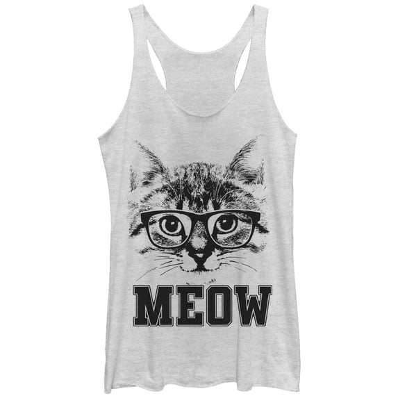 Women's Lost Gods Cat Glasses Meow Racerback Tank Top White Heather Medium