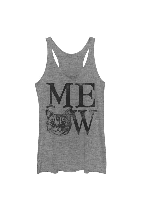 Women's Lost Gods Cat Meow Racerback Tank Top Gray Heather Medium