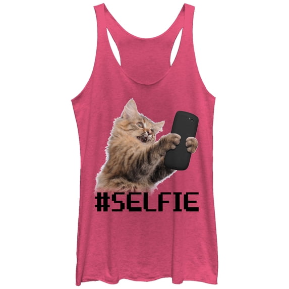 Women's Lost Gods Cat Selfie Racerback Tank Top Pink Heather Small
