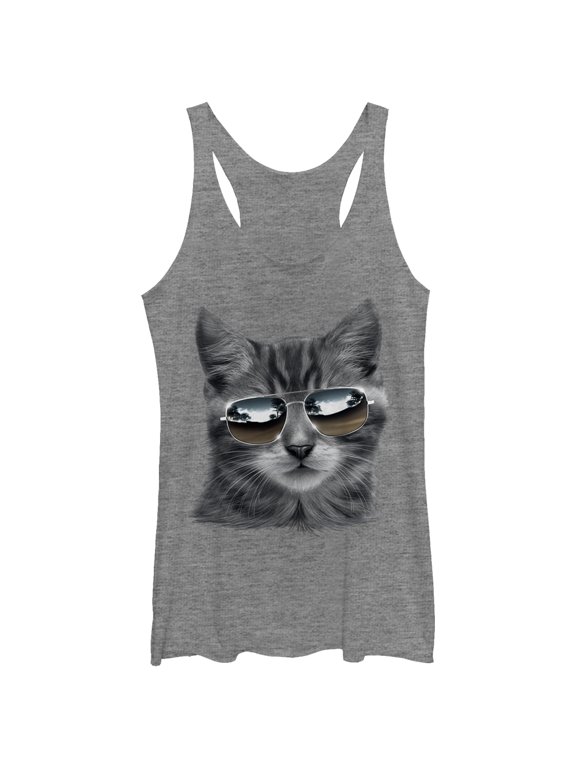 Women's Lost Gods Cat in Aviator Sunglasses Racerback Tank Top Gray Heather Medium