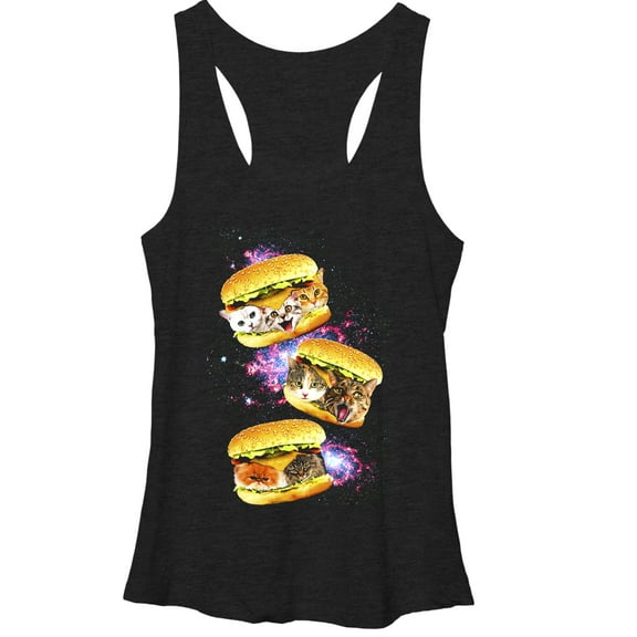Women's Lost Gods Cheeseburger Cats in Space  Racerback Tank Top Black Heather Large