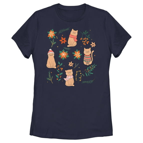 Women's Lost Gods Christmas Floral Cats Graphic Tee Navy Blue X Large