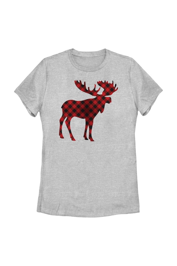 Women's Lost Gods Christmas Plaid Moose Graphic Tee Athletic Heather 2X Large