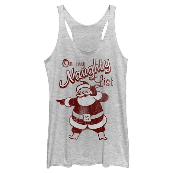 Women's Lost Gods Christmas Santa on my Naughty List Racerback Tank Top White Heather Large