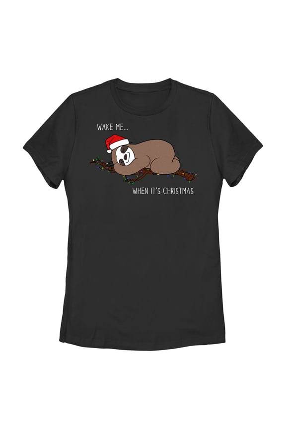 Women's Lost Gods Christmas Wake Me Sloth  Graphic Tee Black Small