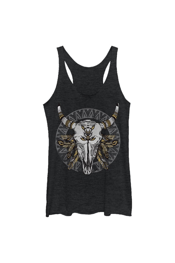 Women's Lost Gods Cow Skull With Feathers  Racerback Tank Top Black Heather Medium