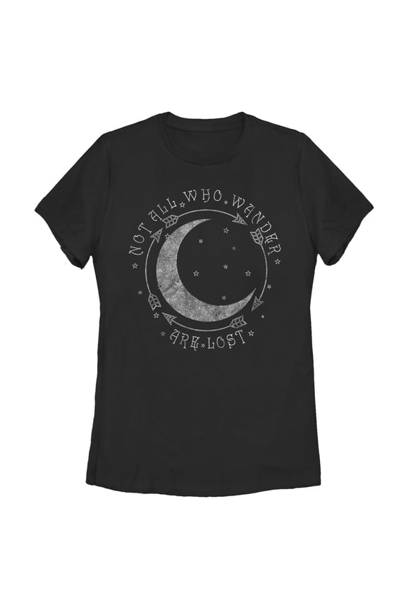 Women's Lost Gods Crescent Moon Not All Who Wander Are Lost Graphic T-Shirt