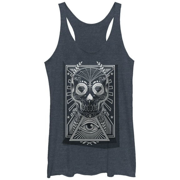 Women's Lost Gods Diamond Sugar Skull Racerback Tank Top Navy Blue Heather Small