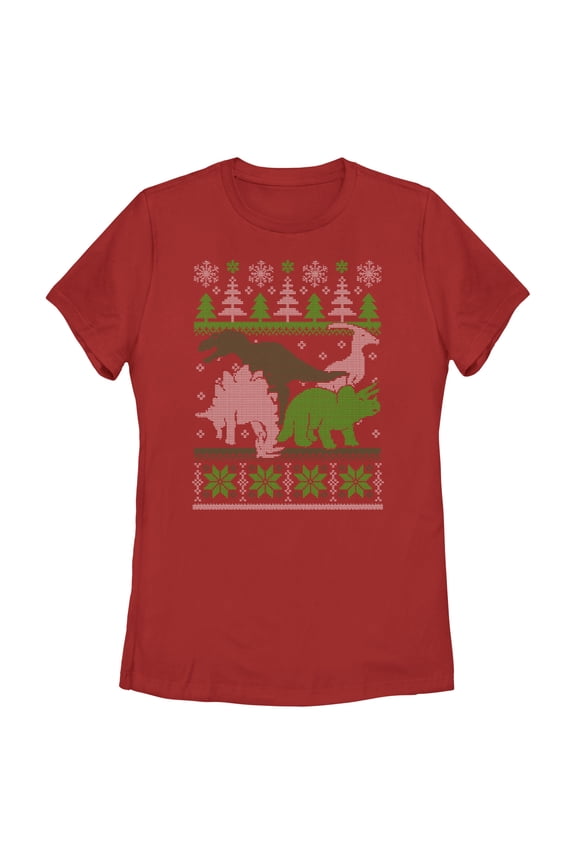 Women's Lost Gods Dinosaur Ugly Christmas Sweater Graphic Tee Red Medium