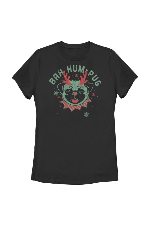 Women's Lost Gods Distressed Bah Hum-Pug Graphic Tee Black Medium