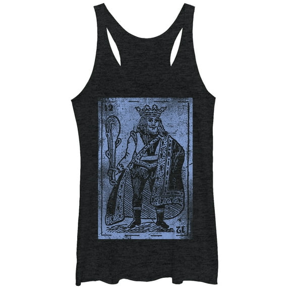 Women's Lost Gods Distressed King Card Racerback Tank Top Black Heather Medium