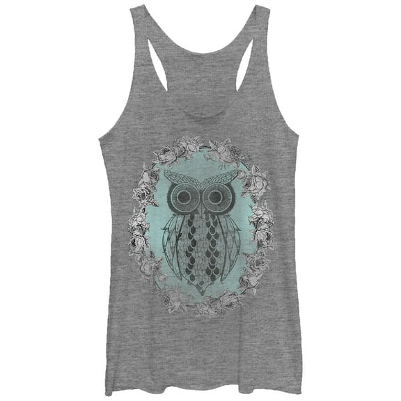 Women's Lost Gods Distressed Owl Wreath  Racerback Tank Top Gray Heather X Large