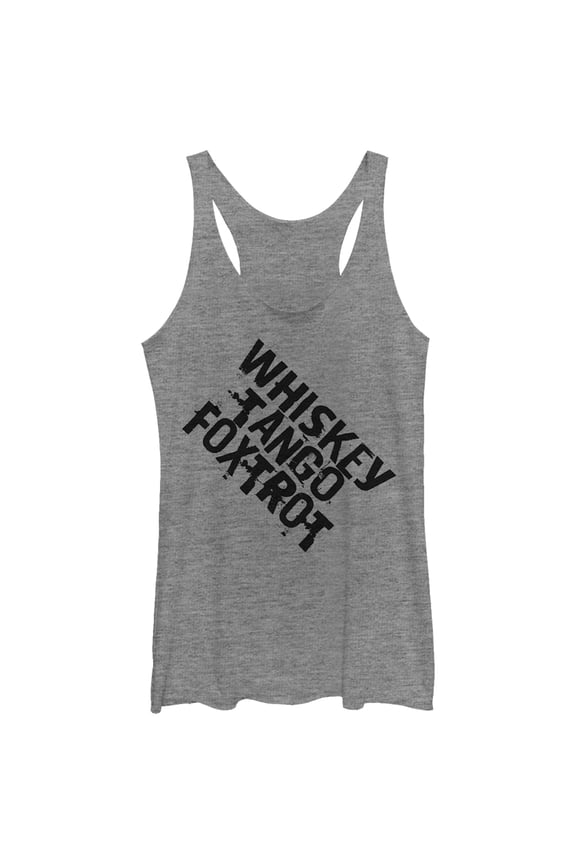 Women's Lost Gods Distressed Whiskey Tango Foxtrot  Racerback Tank Top Gray Heather Medium