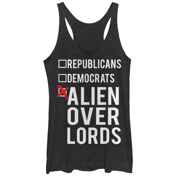 Women's Lost Gods Election Vote Alien Overlords Racerback Tank Top Black Heather Large