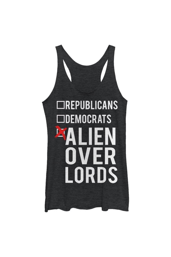Women's Lost Gods Election Vote Alien Overlords Racerback Tank Top Black Heather Medium