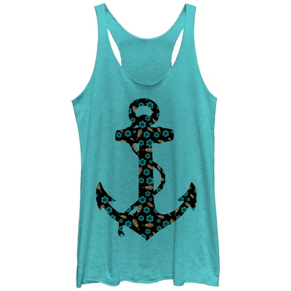 Women's Lost Gods Floral Print Anchor  Racerback Tank Top Tahiti Blue X Large