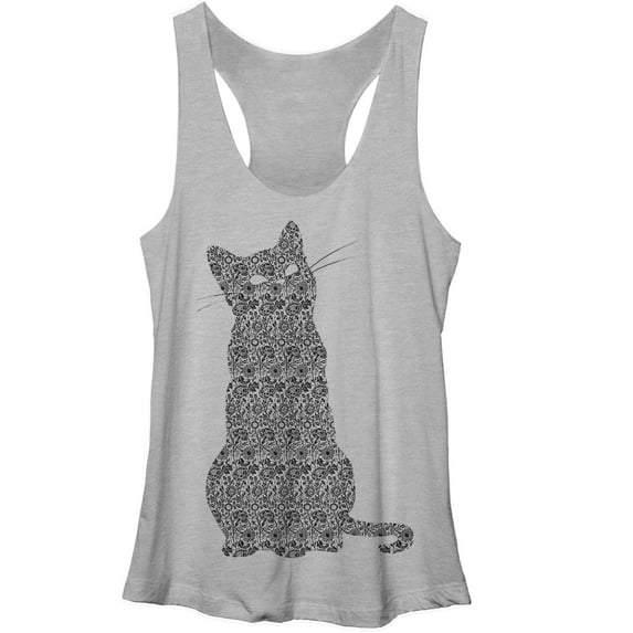 Women's Lost Gods Floral Print Cat Racerback Tank Top Gray Heather Medium