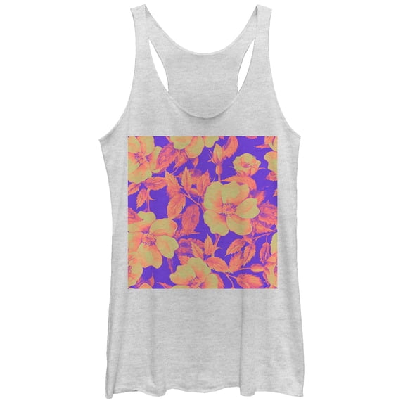Women's Lost Gods Floral Print Square Racerback Tank Top White Heather Medium